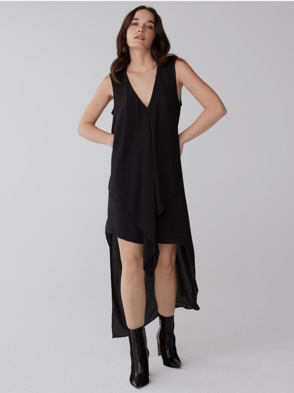 BCBGMaxAzria Black Sleeveless V-Neck Tara Cascade Essential Ruffle Dress M